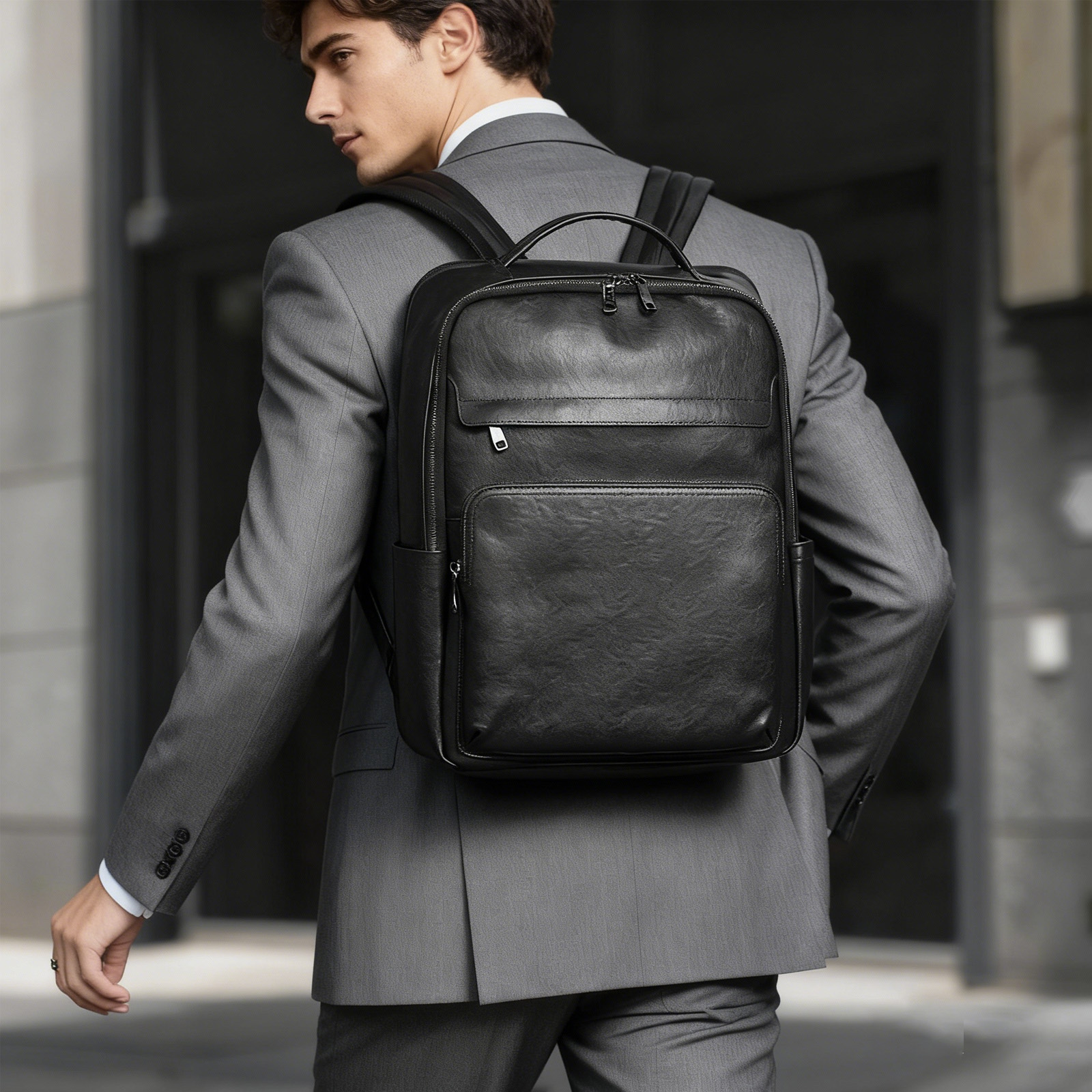 Leather Work Rucksack - Black Genuine Leather Backpack for Men