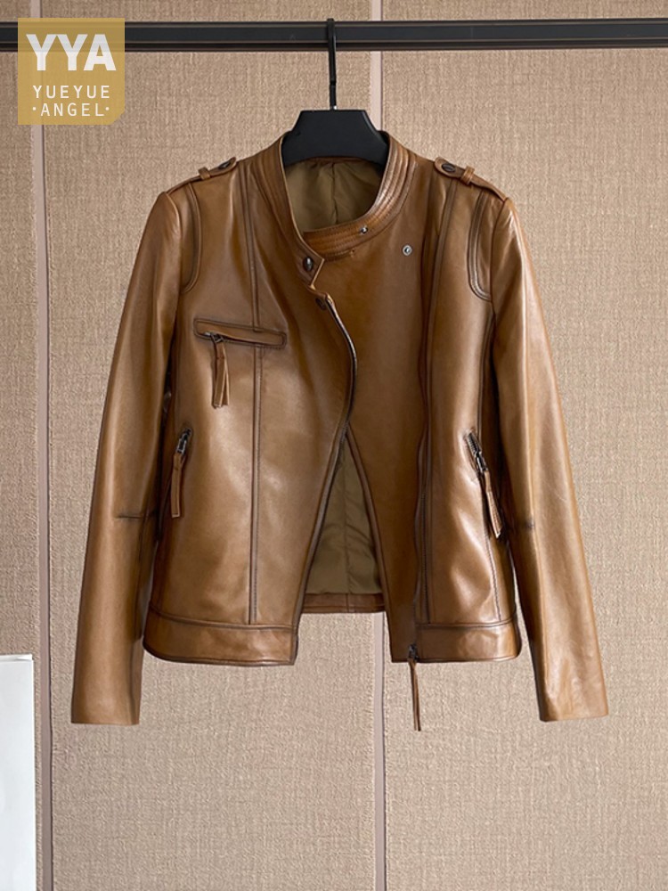 Leather Work Jacket Women'S - Oil Wax Sheepskin Jacket Women Autumn