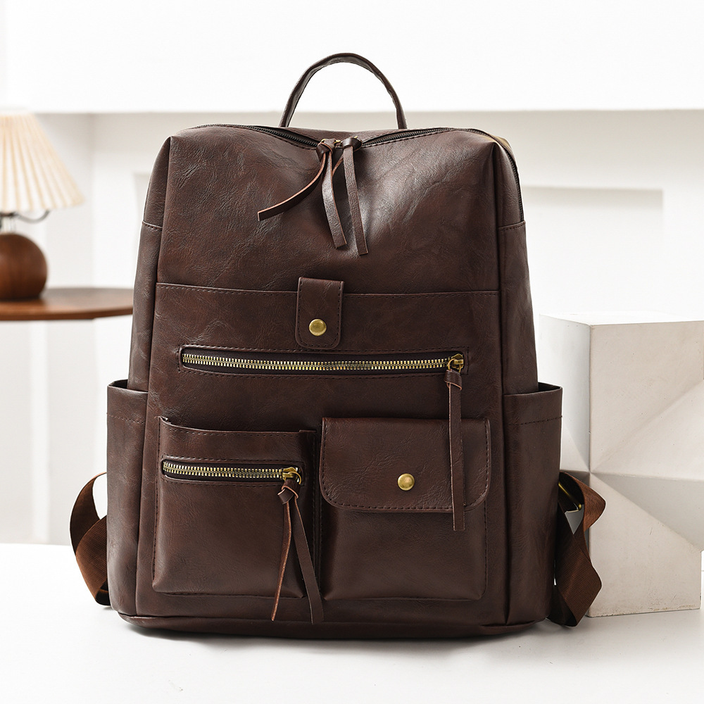 Leather Work Rucksack - Women's Vintage PU Leather Backpack Large