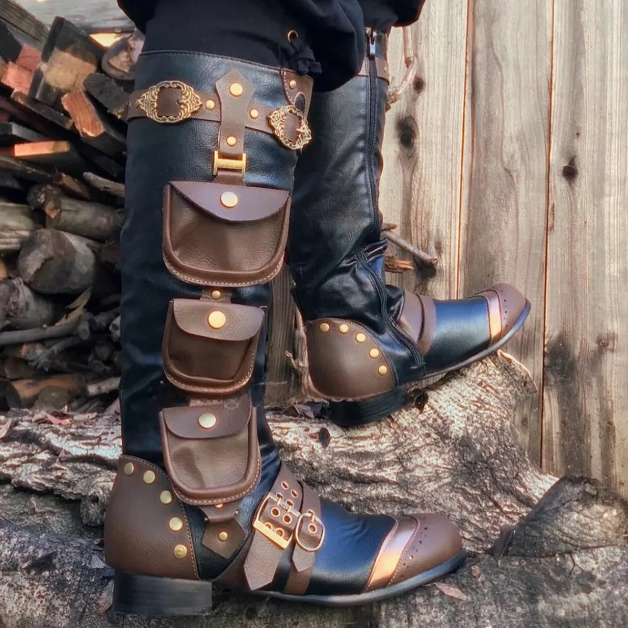 Leather Work Pants - Retro Medieval Steampunk High Boots With