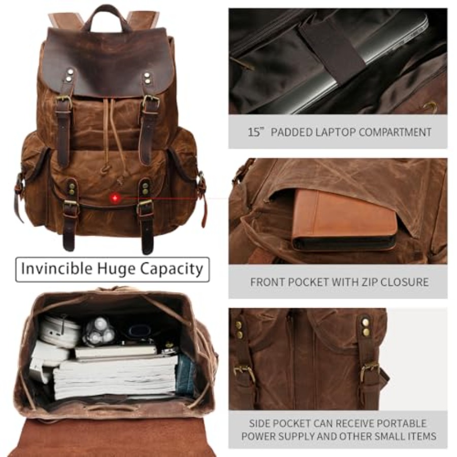 Vintage Waxed Canvas Backpack  – Leather Work Rucksack Bewertung und Preis
