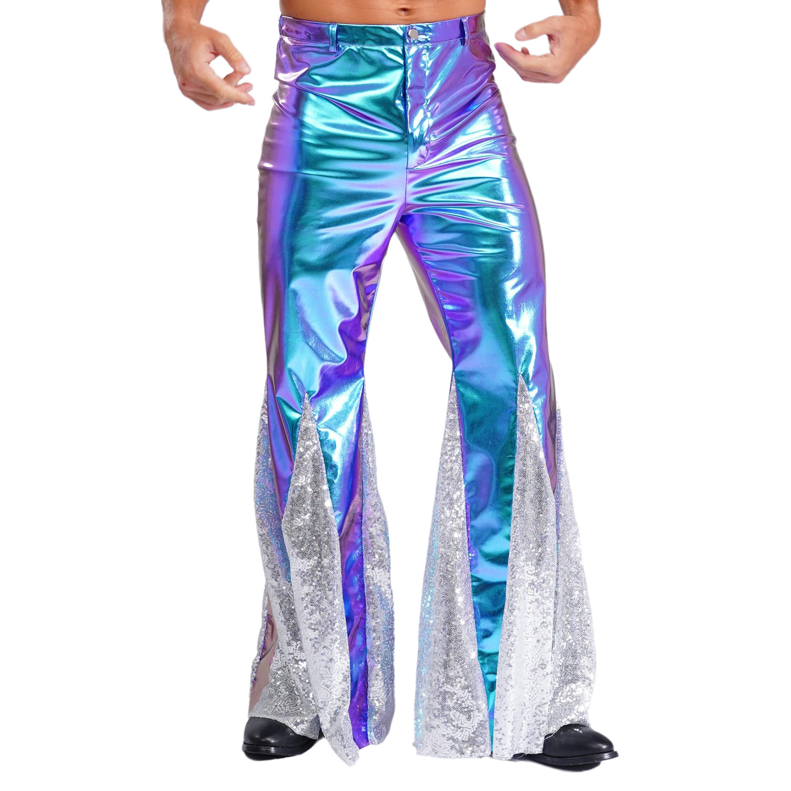 Men Shiny Holographic Flare Pa – Leather Work Pants Bewertung und Preis