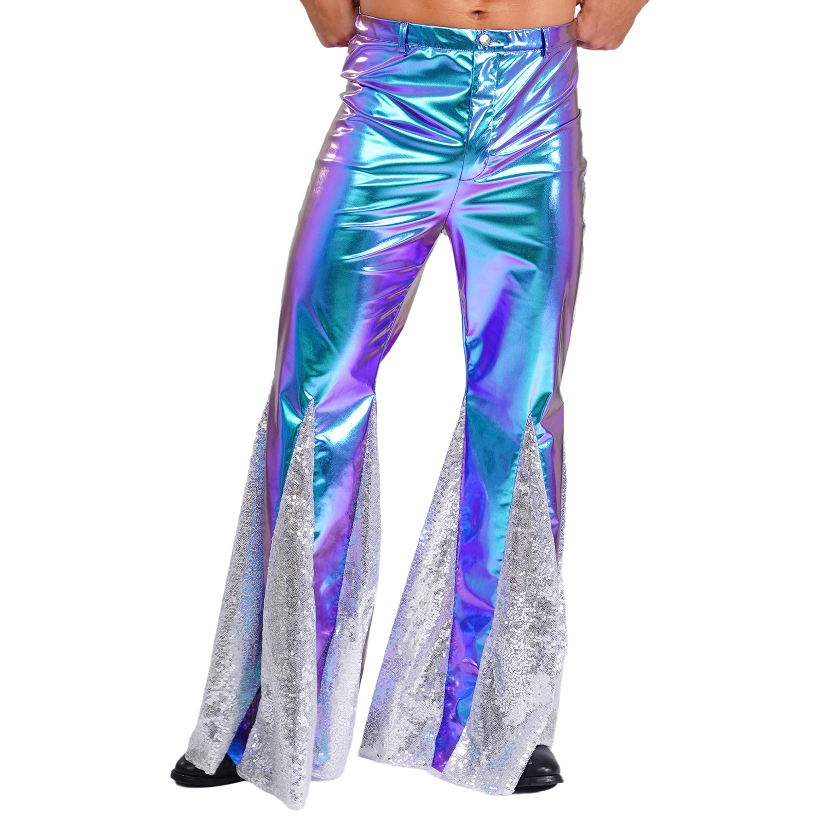 Men Shiny Holographic Flare Pa – Leather Work Pants Bewertung und Preis